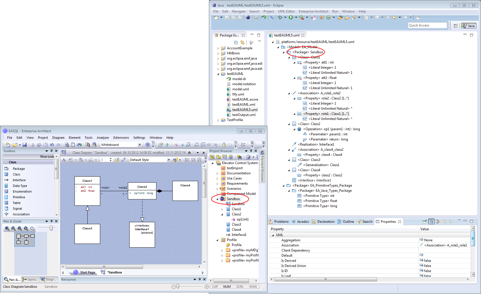 This figure shows the same Class diagram in EA and in Eclipse